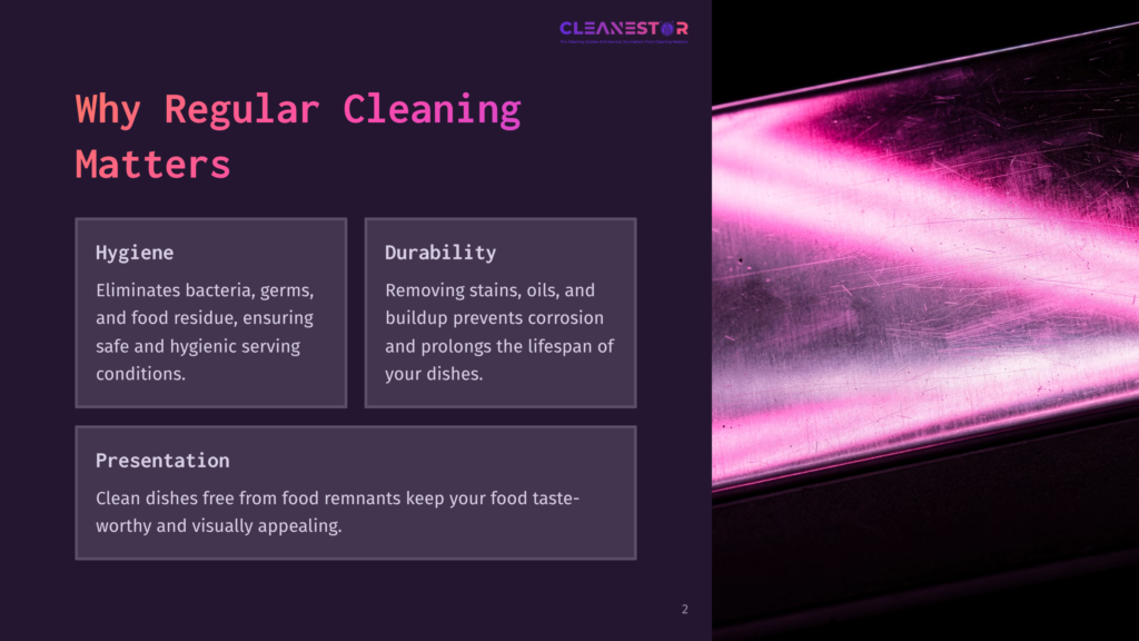 Cleanestor Logo And Text: &Quot;Why Regular Cleaning Matters&Quot; With Sections On Hygiene, Durability, And Presentation. A Close-Up Of A Pink, Scratched Metal Surface Fills The Right Side.