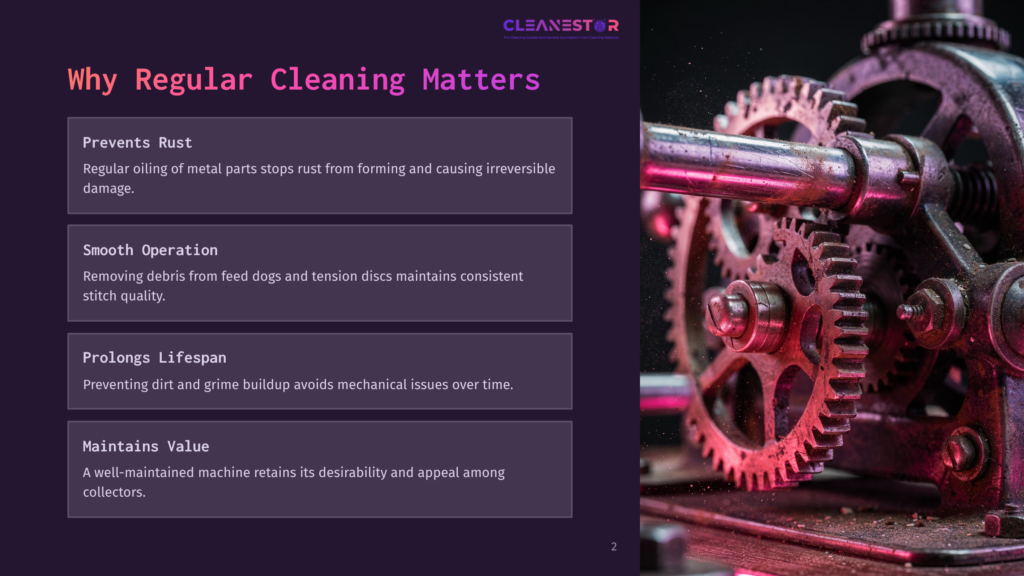 Close-Up Of A Complex, Vintage Sewing Machine With Intricate Metal Gears And Mechanisms, Showcasing The Importance Of Regular Cleaning For Its Longevity And Performance.