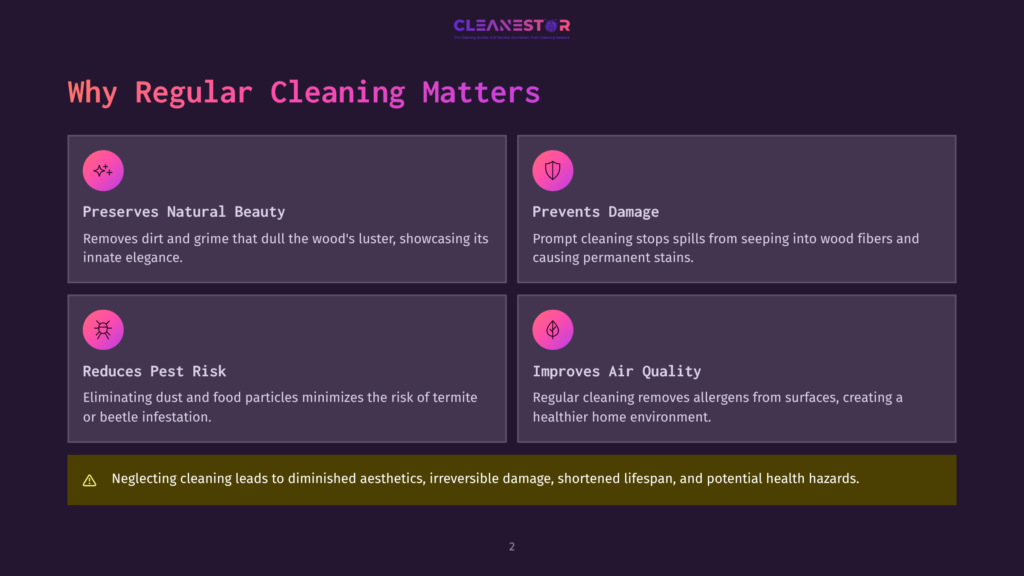 Four Panels Illustrating The Benefits Of Regular Cleaning: Preserving Natural Beauty, Preventing Damage, Reducing Pest Risk, And Improving Air Quality. The Text &Quot;Why Regular Cleaning Matters&Quot; Is Prominent.