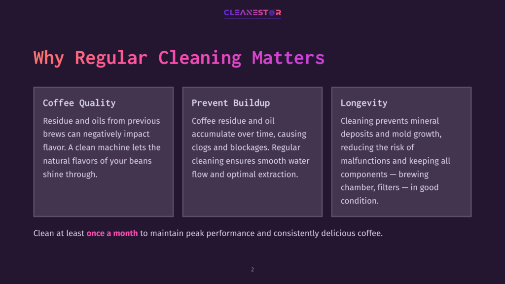 2 Why Regular Cleaning Matters 35 Dark Background With Three Purple Boxes Detailing The Importance Of Regular Coffee Machine Cleaning: Coffee Quality, Prevent Buildup, And Longevity. Text Reads: &Quot;Why Regular Cleaning Matters&Quot; And &Quot;Clean At Least Once A Month To Maintain Peak Performance And Consistently Delicious Coffee.