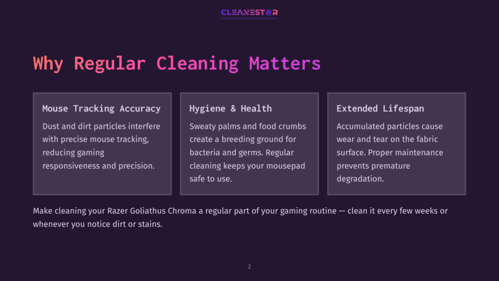 Infographic Detailing Why Regular Cleaning Matters For Gaming Mice, Highlighting Mouse Tracking Accuracy, Hygiene &Amp; Health, And Extended Lifespan. Text Includes &Quot;Cleanestor&Quot; Logo.