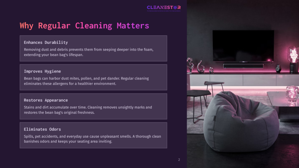 A Modern Living Room With A Large Bean Bag Chair, Tv, And Ambient Lighting. Text Overlays Highlight The Importance Of Regular Cleaning For Bean Bag Chairs, Covering Durability, Hygiene, Appearance, And Odor Elimination.