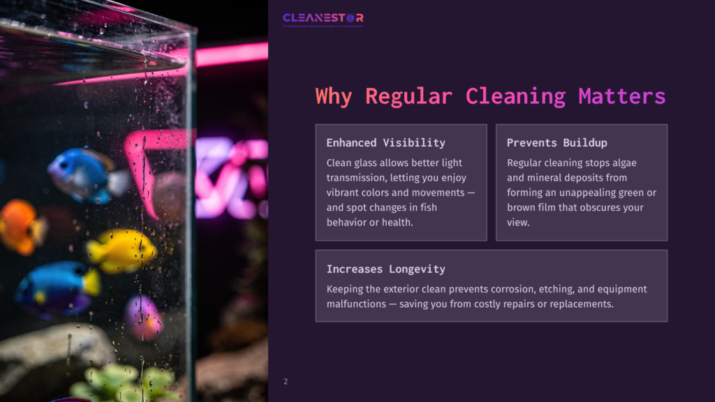 Close-Up Of A Clean Aquarium Glass With Vibrant Blue, Orange, And Yellow Fish Swimming Behind It, With Pink Aquarium Lighting In The Background And Text Overlay &Quot;Cleanestor&Quot;.