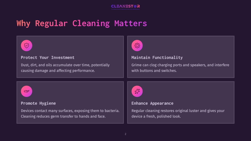 Infographic Titled &Quot;Why Regular Cleaning Matters&Quot; With Four Sections: &Quot;Protect Your Investment&Quot;, &Quot;Maintain Functionality&Quot;, &Quot;Promote Hygiene&Quot;, And &Quot;Enhance Appearance&Quot;, Each With An Icon And Descriptive Text.
