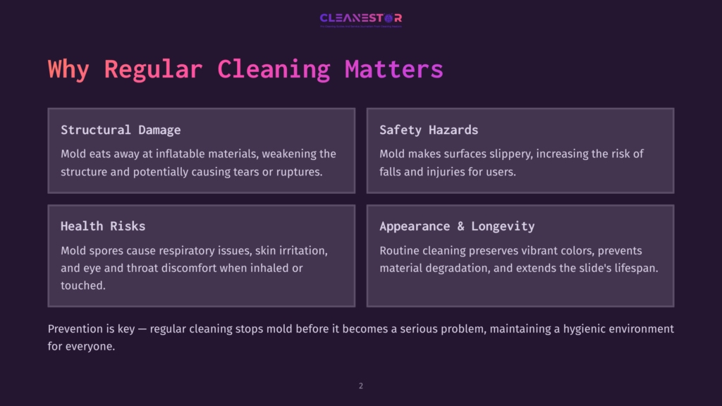 2 Why Regular Cleaning Matters 49 Infographic Titled &Quot;Why Regular Cleaning Matters&Quot; With Four Sections: Structural Damage, Safety Hazards, Health Risks, And Appearance &Amp; Longevity, Detailing The Negative Impacts Of Mold On Inflatable Structures.