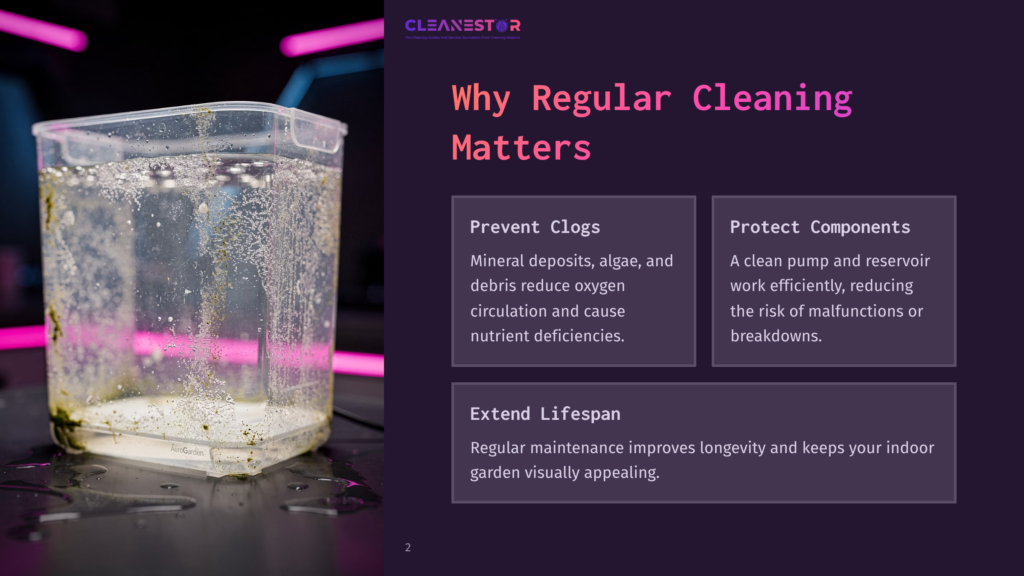 2 Why Regular Cleaning Matters 5 A Clear Plastic Container Filled With Murky Water And Algae, Illustrating The Need For Regular Cleaning To Prevent Clogs And Protect Components In Indoor Gardening Systems.