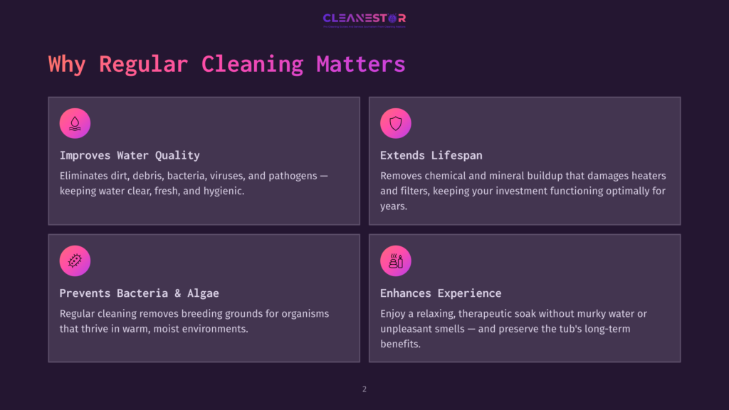 2 Why Regular Cleaning Matters 50 Infographic Detailing The Benefits Of Regular Cleaning: Improves Water Quality, Extends Lifespan, Prevents Bacteria And Algae, And Enhances Experience. The Text Is Presented In A Dark Purple, Pink, And White Color Scheme.