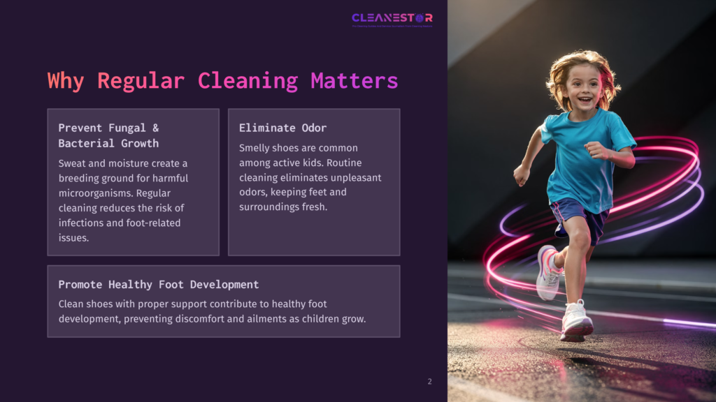 A Smiling Young Boy In A Blue T-Shirt And Shorts Runs Joyfully, With Glowing Pink And Purple Light Streaks Swirling Around His Feet, Against A Dark, Blurred Urban Background. Text Overlay Reads &Quot;Cleanestor&Quot; And &Quot;Why Regular Cleaning Matters&Quot;.