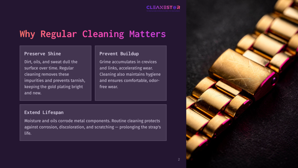 2 Why Regular Cleaning Matters 55 Close-Up Of A Gold Watch Band With A Dark, Textured Background. The Image Highlights The Intricate Metal Links And A Small Pink Jewel, Emphasizing The Luxury And Detail Of The Timepiece.