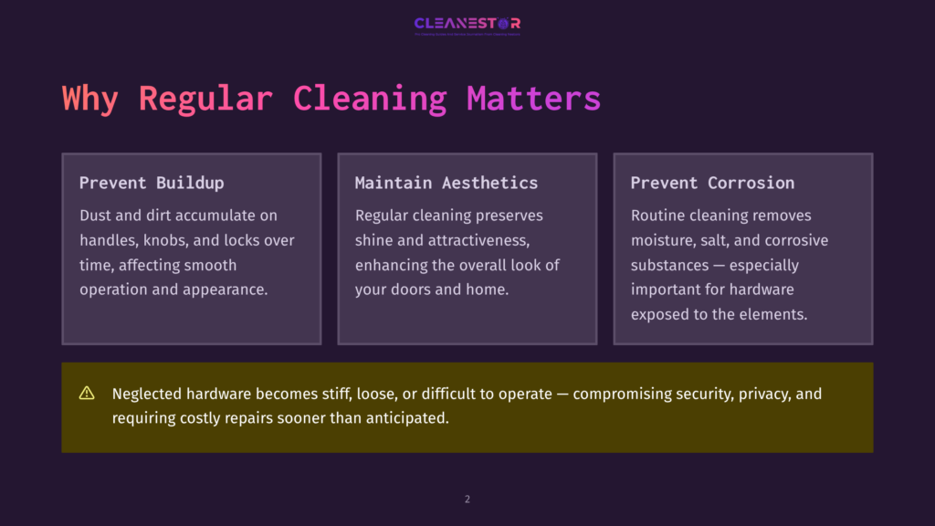 2 Why Regular Cleaning Matters 59 Infographic Titled &Quot;Why Regular Cleaning Matters&Quot; With Three Columns: &Quot;Prevent Buildup,&Quot; &Quot;Maintain Aesthetics,&Quot; And &Quot;Prevent Corrosion.&Quot; A Warning Box At The Bottom States &Quot;Neglected Hardware Becomes Stiff, Loose, Or Difficult To Operate.