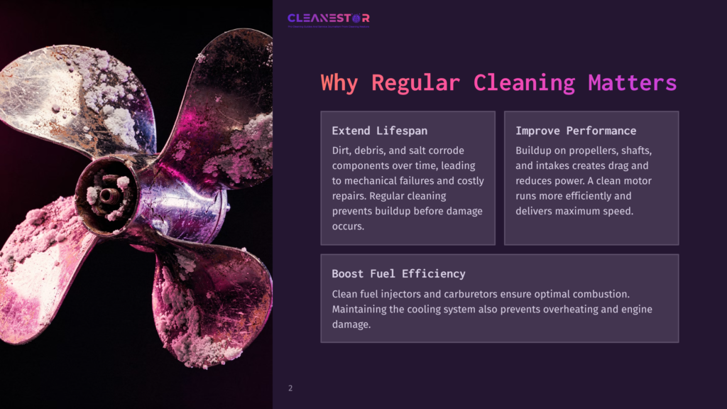 Close-Up Of A Heavily Corroded And Barnacle-Encrusted Boat Propeller, With White And Pink Mineral Deposits Covering The Metallic Blades. Text Overlay Reads &Quot;Cleanestor&Quot; And &Quot;Why Regular Cleaning Matters&Quot;.