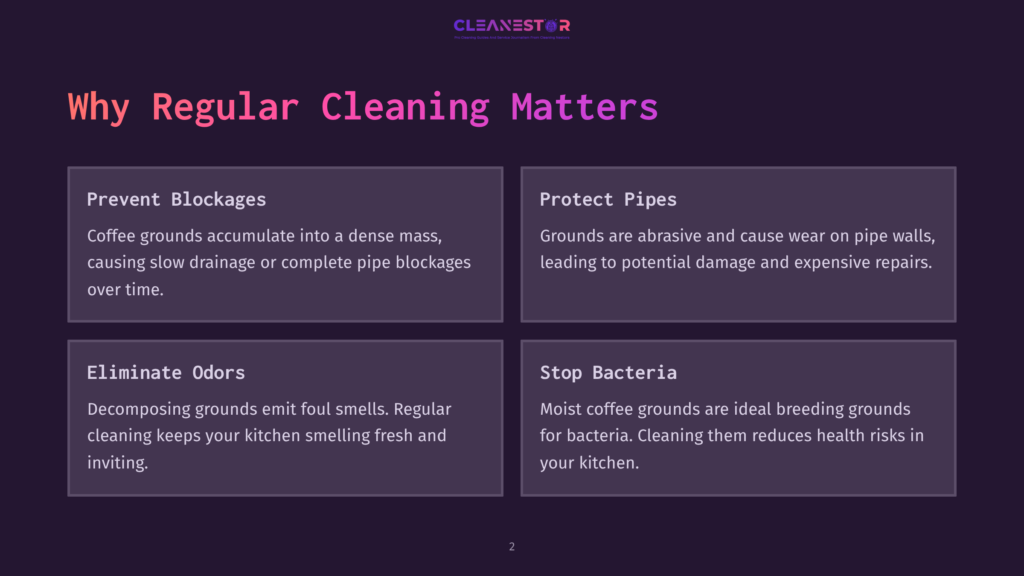 2 Why Regular Cleaning Matters 60 Infographic Detailing Why Regular Cleaning Matters, Highlighting Benefits Like Preventing Blockages, Protecting Pipes, Eliminating Odors, And Stopping Bacteria, With The Cleanestor Logo At The Top.