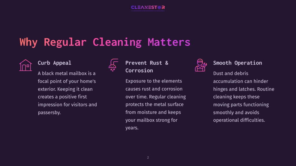 2 Why Regular Cleaning Matters 62 A Dark Purple Slide With The Cleanestor Logo At The Top. Three Columns Of Text Detail &Quot;Curb Appeal,&Quot; &Quot;Prevent Rust &Amp; Corrosion,&Quot; And &Quot;Smooth Operation&Quot; For Regular Cleaning, With Icons Above Each Section.
