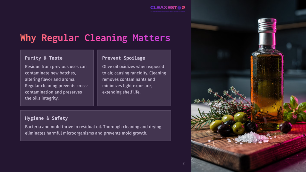 2 Why Regular Cleaning Matters 64 A Bottle Of Olive Oil Sits On A Wooden Board With Fresh Olives, Herbs, And Coarse Salt, Suggesting Purity And Freshness.