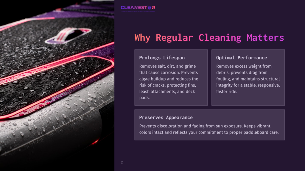 Close-Up Of A Wet Paddleboard With Purple And Black Accents, Showing Water Droplets And Neon Pink Trim. Text On The Right Reads &Quot;Why Regular Cleaning Matters&Quot; And Lists Benefits Like &Quot;Prolongs Lifespan,&Quot; &Quot;Optimal Performance,&Quot; And &Quot;Preserves Appearance.