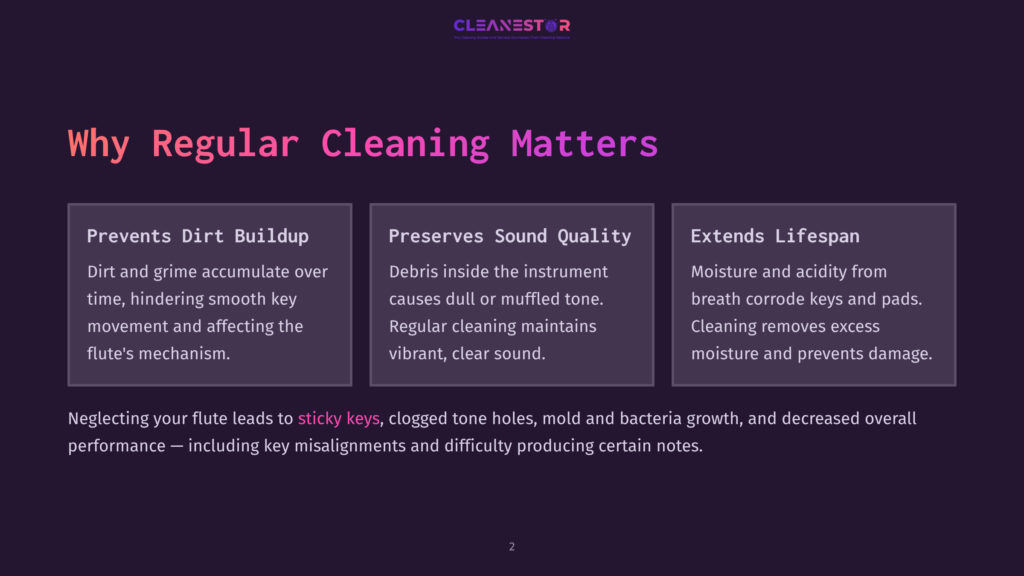 A Graphic With Three Columns Titled &Quot;Prevents Dirt Buildup,&Quot; &Quot;Preserves Sound Quality,&Quot; And &Quot;Extends Lifespan,&Quot; With The Heading &Quot;Why Regular Cleaning Matters&Quot; Above. The Text Explains The Benefits Of Regular Cleaning For Instruments.