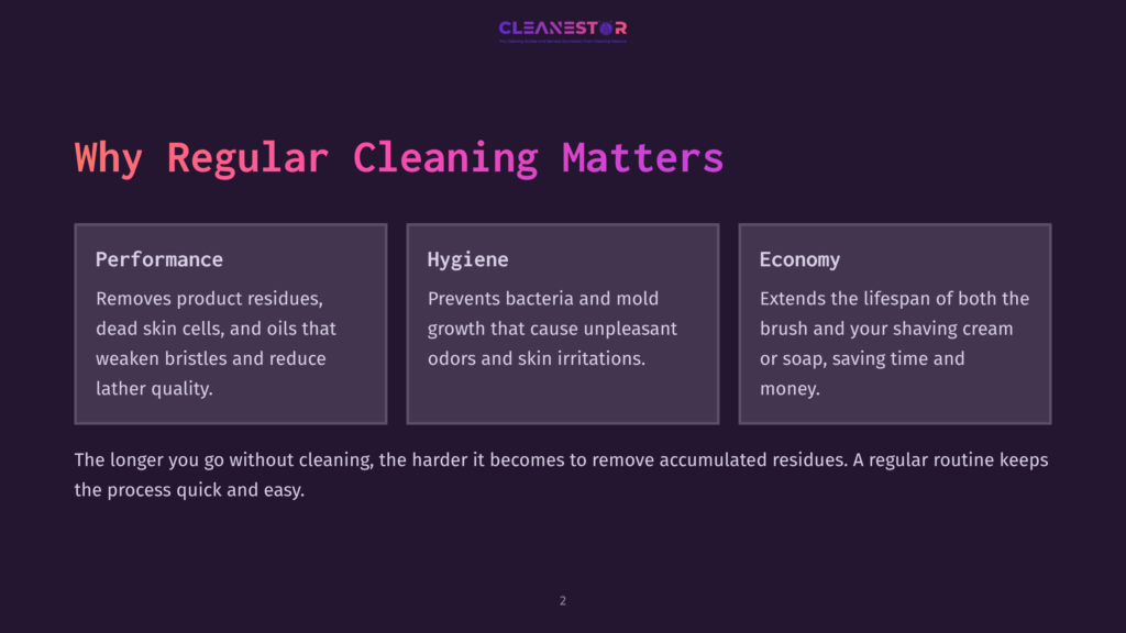 2 Why Regular Cleaning Matters 7 Infographic Titled &Quot;Why Regular Cleaning Matters&Quot; With Three Columns: Performance, Hygiene, And Economy, Detailing Benefits Like Improved Product Performance, Bacteria Prevention, And Extending Brush Lifespan.