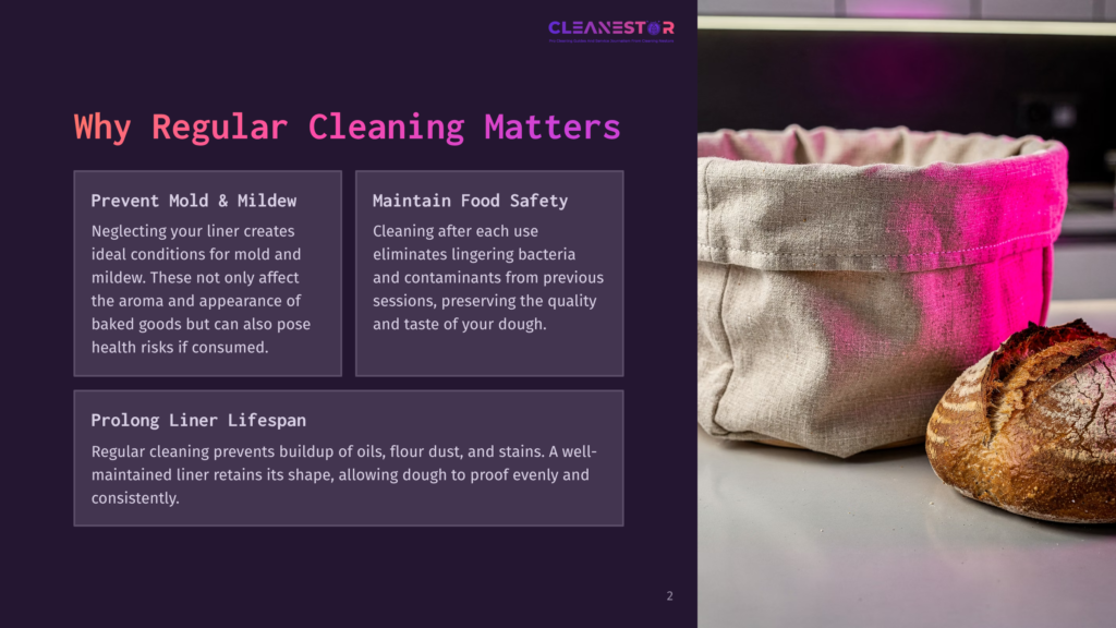 2 Why Regular Cleaning Matters 73 A Rustic Linen Bread Proofing Basket Sits Next To A Golden-Brown Artisan Loaf Of Bread On A Dark, Textured Surface. Text Overlay Reads &Quot;Cleanestor&Quot; And &Quot;Why Regular Cleaning Matters.