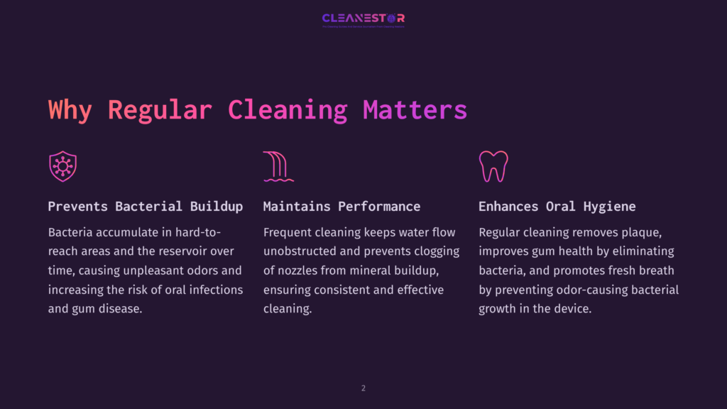 Infographic Titled &Quot;Why Regular Cleaning Matters&Quot; With Three Icons: A Shield For &Quot;Prevents Bacterial Buildup,&Quot; A Water Droplet For &Quot;Maintains Performance,&Quot; And A Tooth For &Quot;Enhances Oral Hygiene.