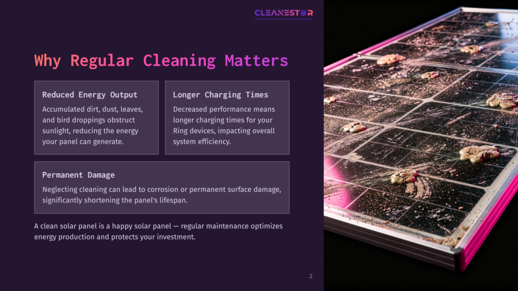 2 Why Regular Cleaning Matters 77 Close-Up Of A Dirty Solar Panel Covered In Dust, Leaves, And Bird Droppings, Obscuring Its Reflective Surface. The Text &Quot;Cleanestor&Quot; Is Visible At The Top.