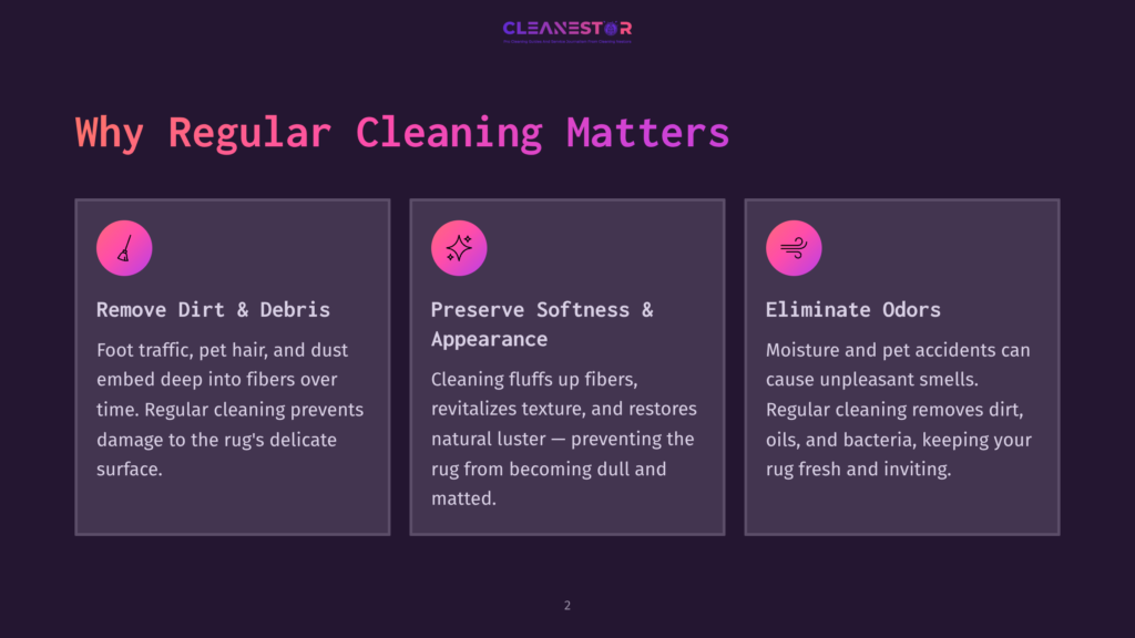 Infographic Titled &Quot;Why Regular Cleaning Matters&Quot; With Three Columns: &Quot;Remove Dirt &Amp; Debris,&Quot; &Quot;Preserve Softness &Amp; Appearance,&Quot; And &Quot;Eliminate Odors.