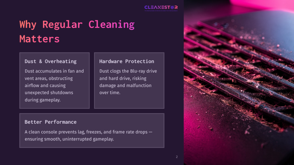 Close-Up Of A Dusty Game Console Vent With Pink Light In The Background, Highlighting The Need For Regular Cleaning To Protect Hardware And Ensure Better Performance.