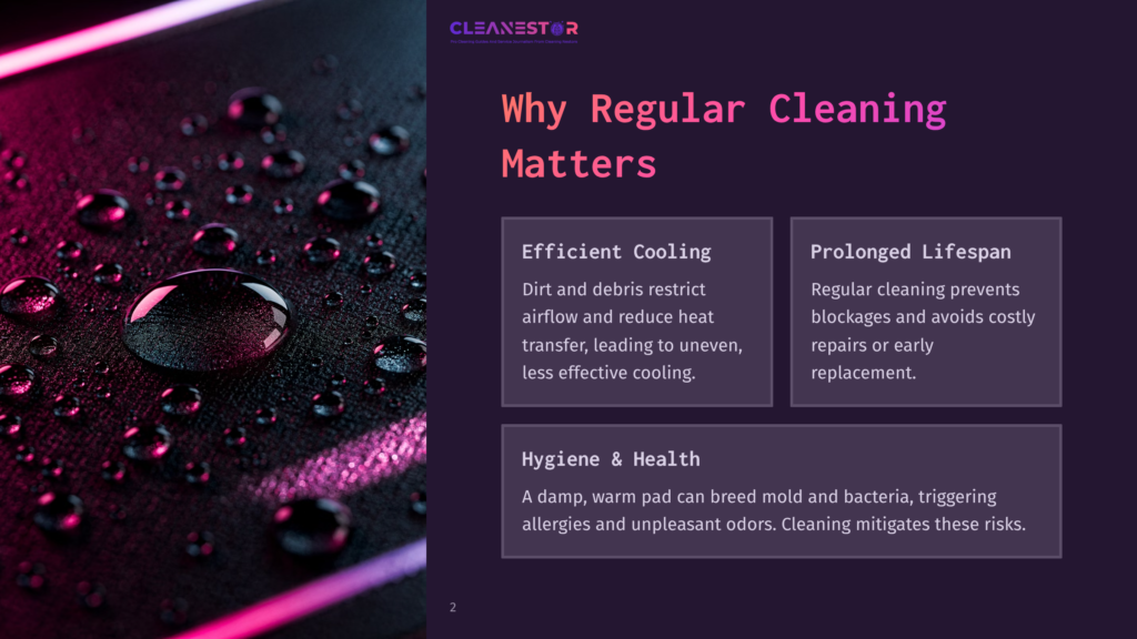 2 Why Regular Cleaning Matters 84 Close-Up Of Water Droplets On A Dark, Textured Surface With A Pink And Purple Gradient Light Reflecting In The Water. Text Overlay Reads &Quot;Cleanestor&Quot; And &Quot;Why Regular Cleaning Matters&Quot;.