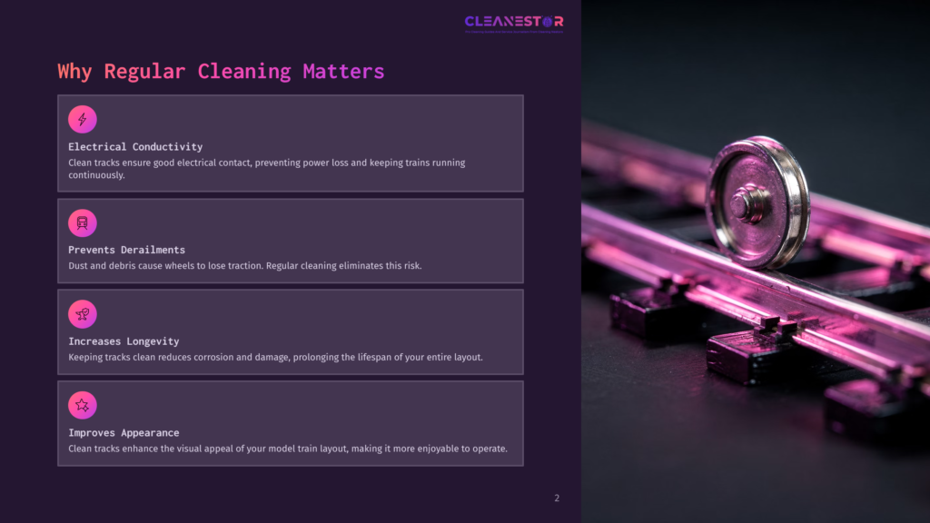 2 Why Regular Cleaning Matters 85 Close-Up Of A Model Train Wheel On A Purple-Lit Track, Emphasizing Why Regular Cleaning Matters For Electrical Conductivity, Preventing Derailments, Increasing Longevity, And Improving Appearance.