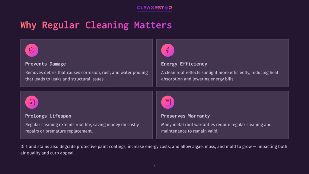 Infographic Detailing The Importance Of Regular Roof Cleaning, Highlighting Benefits Like Preventing Damage, Improving Energy Efficiency, Prolonging Lifespan, And Preserving Warranty. The Text &Quot;Why Regular Cleaning Matters&Quot; Is Prominent.