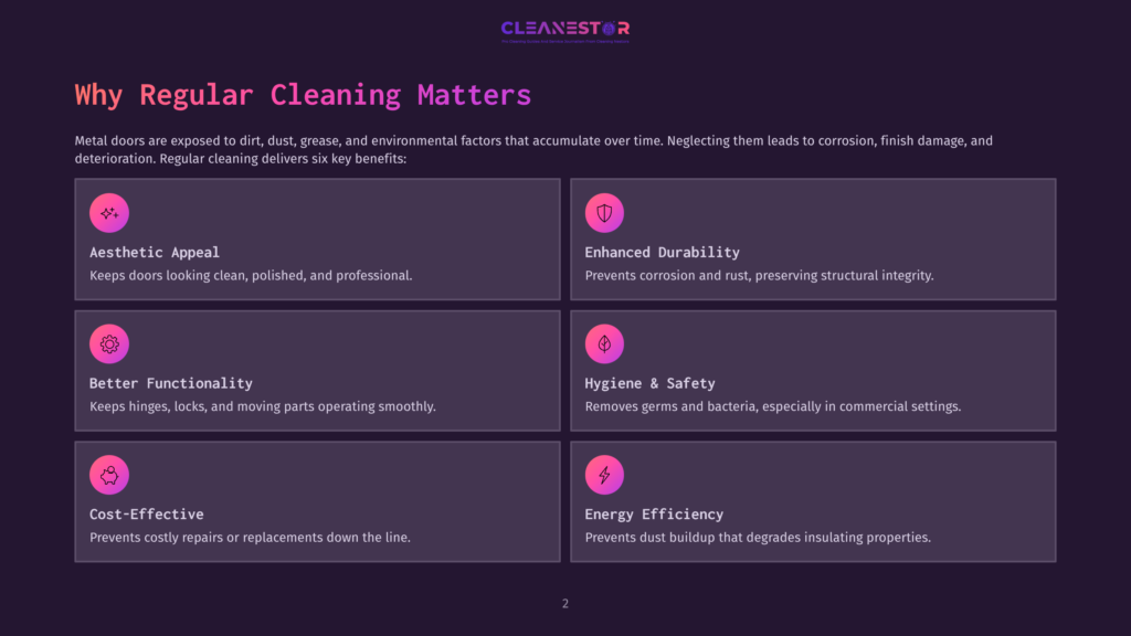 Infographic Detailing Six Key Benefits Of Regular Cleaning For Metal Doors, Including Aesthetic Appeal, Enhanced Durability, Better Functionality, Hygiene And Safety, Cost-Effectiveness, And Energy Efficiency.