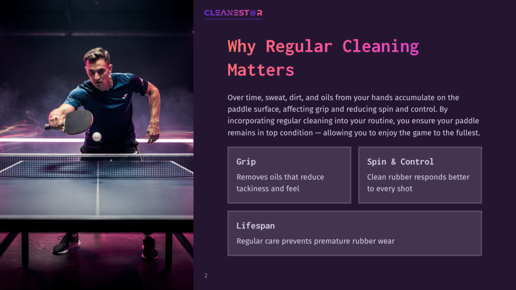 A Male Ping Pong Player In A Blue Shirt Powerfully Swings A Paddle At A White Ball, Mid-Game. The Background Features A Dark, Moody Atmosphere With Streaks Of Pink And Purple Light.