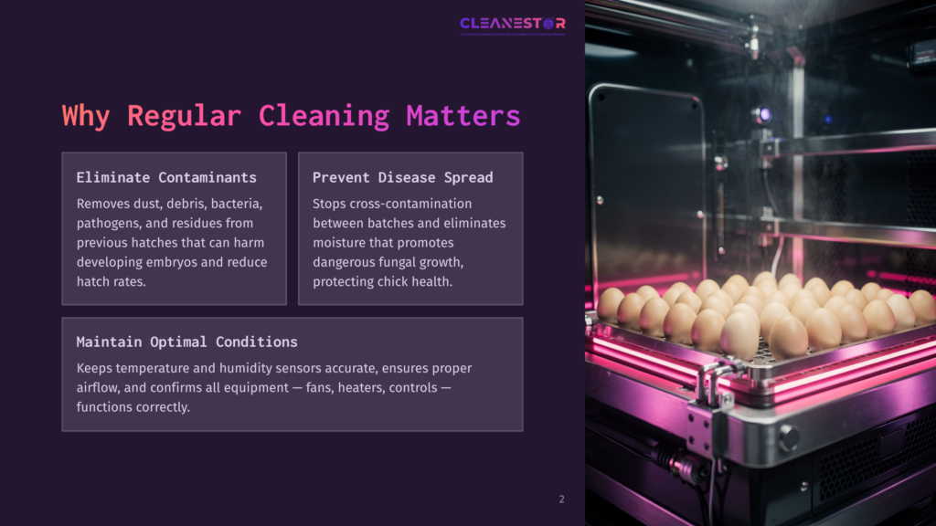 A High-Tech Incubator With Pink Led Lights Glows, Holding Trays Of Perfectly Arranged Chicken Eggs. The Image Is Overlaid With Text From Cleanstar Emphasizing The Importance Of Regular Cleaning For Developing Embryos And Preventing Disease Spread.