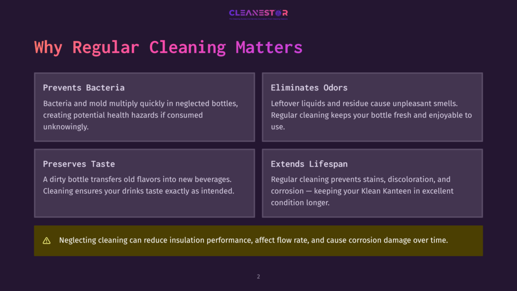Infographic Titled &Quot;Why Regular Cleaning Matters&Quot; From Cleanestor, Detailing Benefits Like Preventing Bacteria, Eliminating Odors, Preserving Taste, And Extending Lifespan Of Bottles, With A Warning About Neglecting Cleaning.