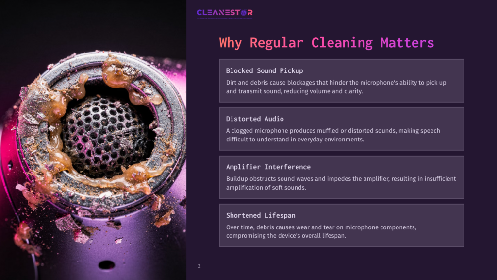 Close-Up Of A Heavily Clogged Microphone Grill With Dried Debris And Earwax, Illustrating The Need For Regular Cleaning To Prevent Blocked Sound Pickup And Distorted Audio.