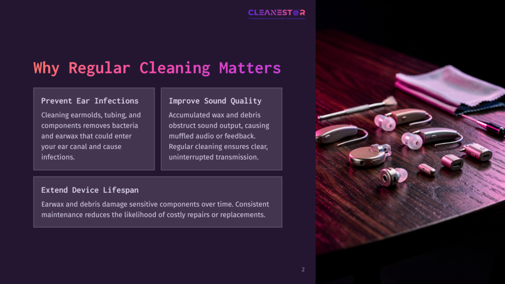 2 Why Regular Cleaning Matters 94 Close-Up Of Hearing Aids And Cleaning Tools On A Wooden Surface, With Text Overlay &Quot;Cleanestor&Quot; And &Quot;Why Regular Cleaning Matters&Quot;.