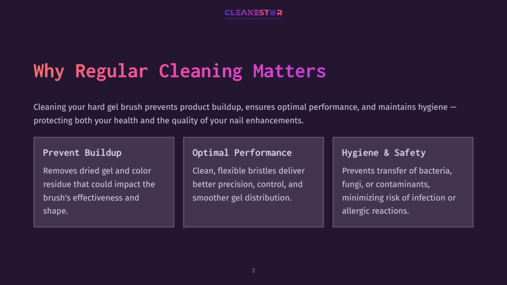 Cleanestor Logo At The Top. The Title &Quot;Why Regular Cleaning Matters&Quot; Is In Large, Bold, Purple Text. Below The Title, Three Purple Boxes With White Text Explain The Benefits Of Cleaning: &Quot;Prevent Buildup,&Quot; &Quot;Optimal Performance,&Quot; And &Quot;Hygiene &Amp; Safety.