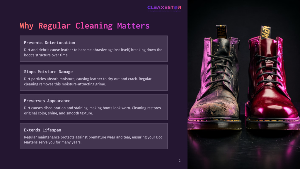 2 Why Regular Cleaning Matters 98 A Pair Of Dirty Purple Dr. Martens Boots With Cracked Leather Beside A Clean Pair, Emphasizing The Importance Of Regular Cleaning.