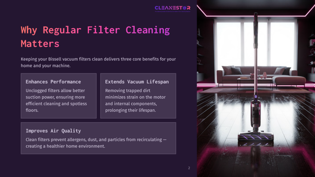 A Modern Living Room With A Bissell Vacuum Cleaner On A Shiny Wooden Floor Under Red Lighting, Emphasizing The Importance Of Regular Filter Cleaning For Performance, Vacuum Lifespan, And Air Quality.