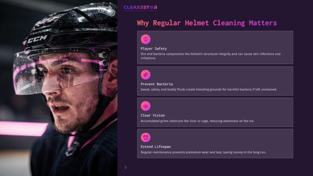 A Hockey Player Wearing A Black Helmet With A Clear Visor, Looking Intense With Sweat Glistening On His Forehead, Emphasizes The Importance Of Regular Helmet Cleaning For Player Safety And Clear Vision.
