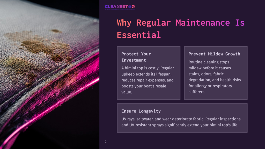 Close-Up Of A Boat'S Bimini Top With Stains And Mildew, Illuminated By Purple Light. Text Overlay: &Quot;Cleanestor - Why Regular Maintenance Is Essential&Quot;.