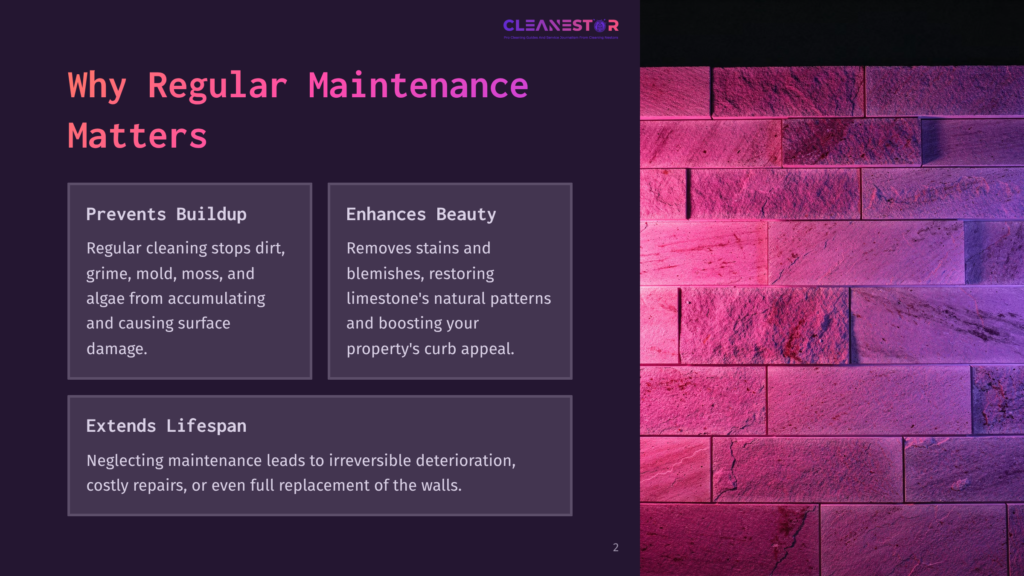 A Dark Purple Slide With The Title &Quot;Why Regular Maintenance Matters&Quot; And Text Boxes Detailing &Quot;Prevents Buildup,&Quot; &Quot;Enhances Beauty,&Quot; And &Quot;Extends Lifespan.&Quot; To The Right, A Textured Wall Of Stacked Stone Blocks Is Illuminated With Vibrant Pink And Purple Light.