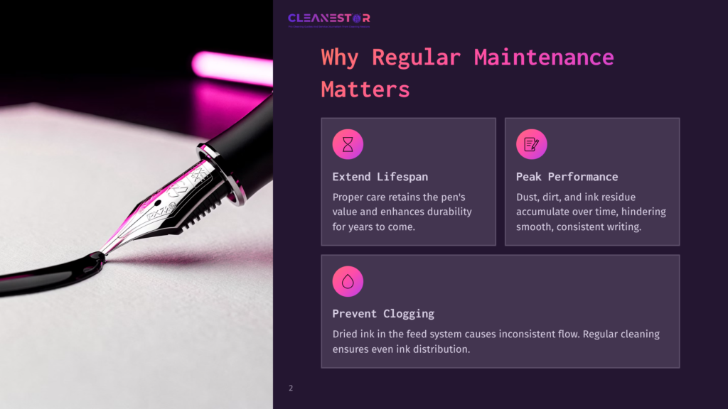 2 Why Regular Maintenance Matters 3 A Sleek Black And Silver Fountain Pen Rests On A White Surface With A Purple And Black Background, Emphasizing The Importance Of Regular Maintenance For Pen Care.