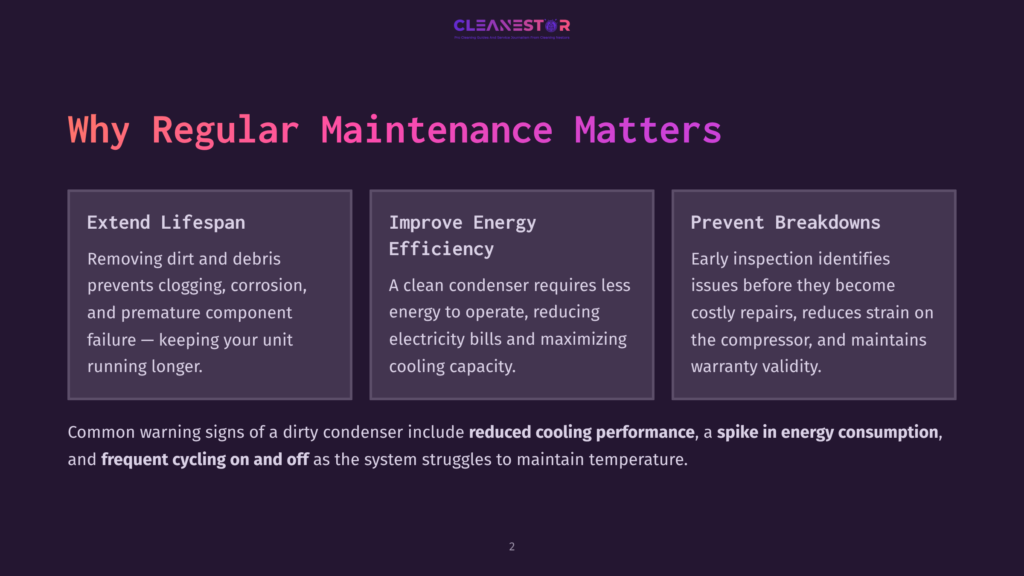 Cleanestor Logo And Text: &Quot;Why Regular Maintenance Matters&Quot; With Three Columns Detailing &Quot;Extend Lifespan,&Quot; &Quot;Improve Energy Efficiency,&Quot; And &Quot;Prevent Breakdowns.