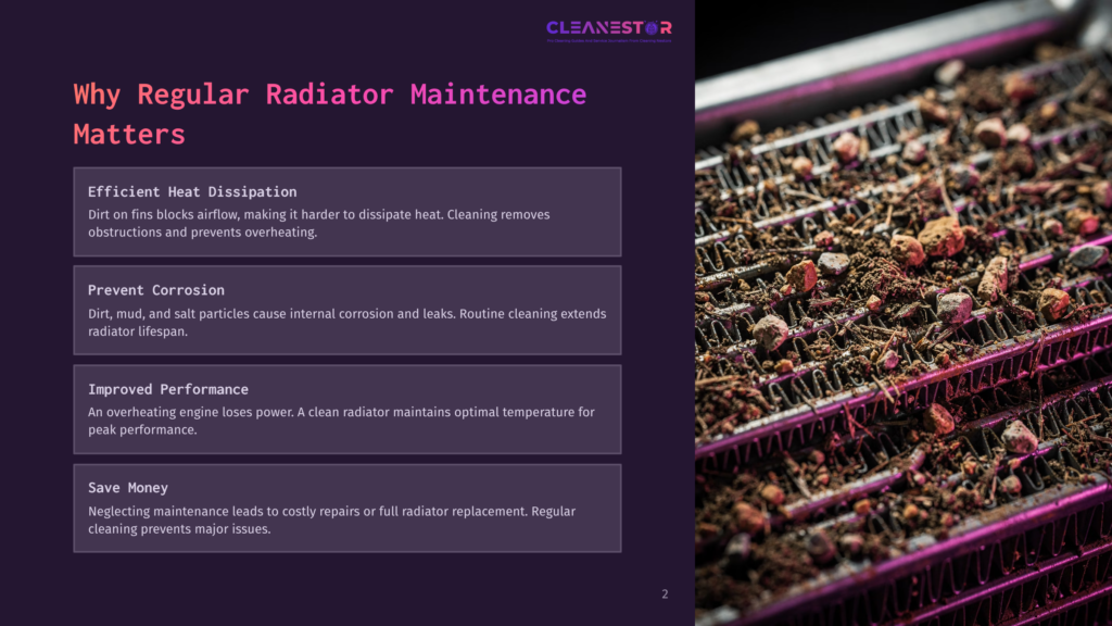 2 Why Regular Radiator Maintenance Matters Close-Up Of A Dirty Car Radiator With Fins Clogged With Dirt, Dust, And Debris. The Text &Quot;Cleanestor&Quot; Is Visible In The Upper Right Corner.