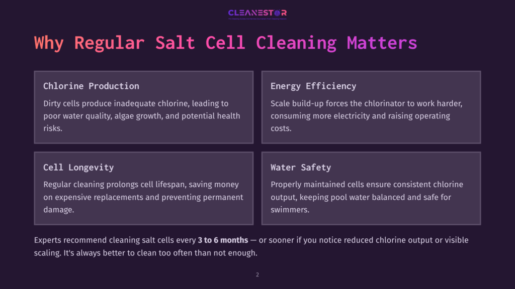 Infographic Titled &Quot;Why Regular Salt Cell Cleaning Matters&Quot; By Cleanestor, Detailing Benefits Like Chlorine Production, Energy Efficiency, Cell Longevity, And Water Safety With Concise Text Descriptions.