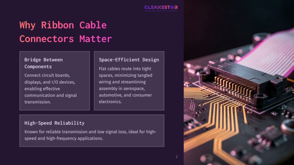 Close-Up Of A Pink Ribbon Cable Connector Plugged Into A Circuit Board, Showcasing Why Ribbon Cable Connectors Matter For Electronics.