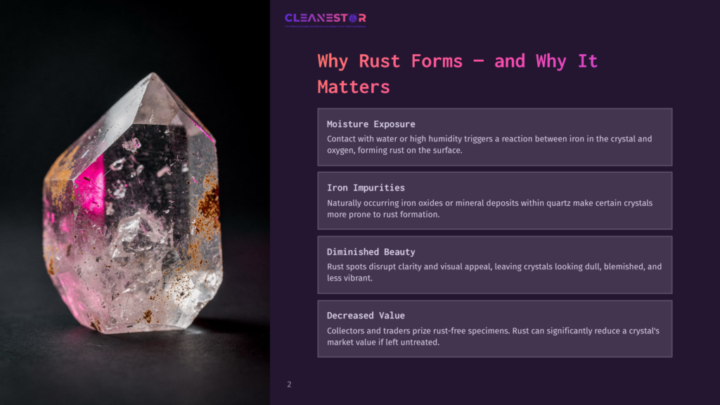 2 Why Rust Forms And Why It Matters A Large, Clear Quartz Crystal With Striking Pink And Reddish-Brown Rust Inclusions. The Crystal'S Facets Catch The Light, Highlighting The Natural Beauty And Imperfections Caused By Iron Impurities.