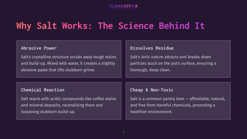 2 Why Salt Works The Science Behind It Infographic Titled &Quot;Why Salt Works: The Science Behind It&Quot; With Four Panels: Abrasive Power, Dissolves Residue, Chemical Reaction, And Cheap &Amp; Non-Toxic, Explaining Salt'S Cleaning Properties.