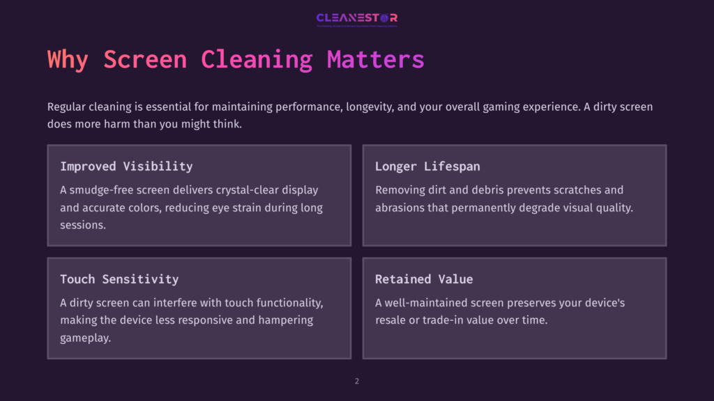 2 Why Screen Cleaning Matters The Graphic &Quot;Why Screen Cleaning Matters&Quot; By Cleanestor Highlights Benefits Like Improved Visibility, Longer Lifespan, Touch Sensitivity, And Retained Value For Clean Screens.