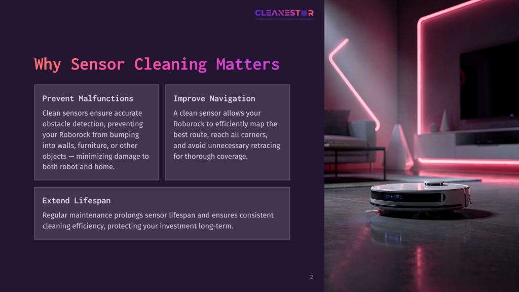 Cleanestor Logo On A Dark Purple Background With Text About Robot Vacuum Sensor Cleaning. A White Robot Vacuum Is Cleaning A Modern Living Room Floor With Neon Pink Lighting.
